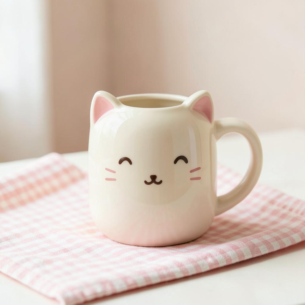 Cream ceramic kitty mug on pink gingham