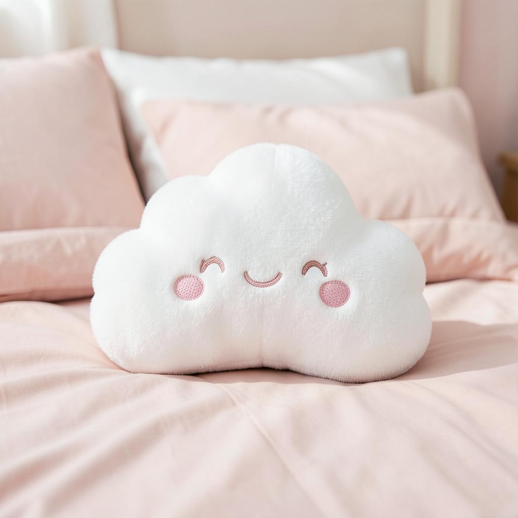 Smiling cloud pillow on blush bedding