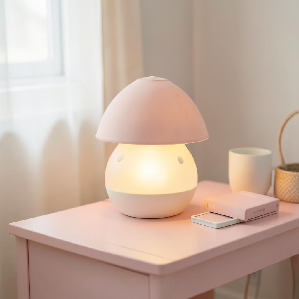 Pink mushroom lamp glowing on a bedside table